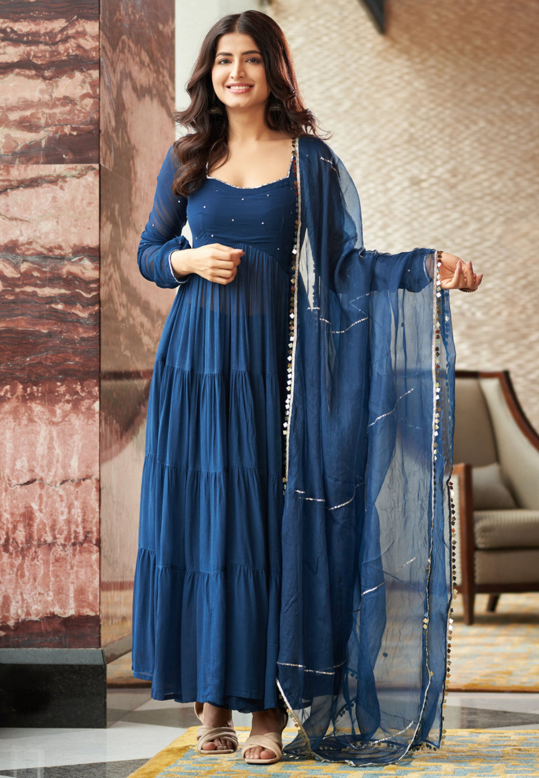 BLUE ARADHNA EMBROIDERED GEORGETTE SUIT SET