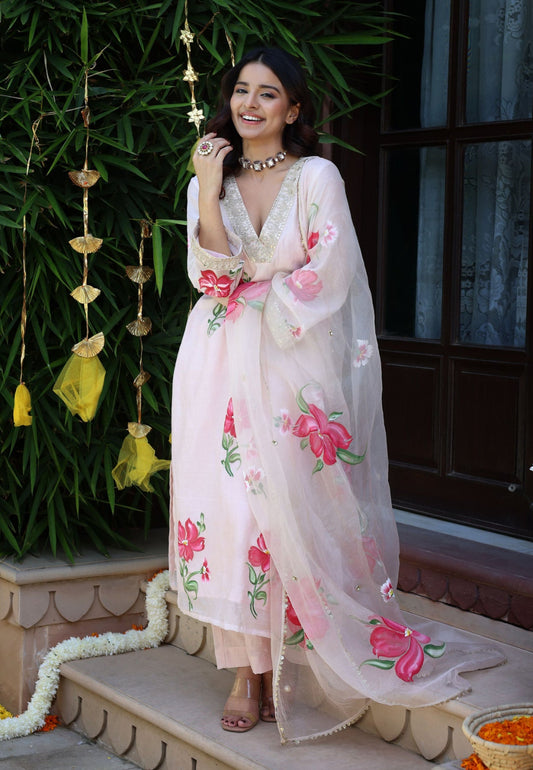 PEACH PINK HANDPAINTED CHANDERI SUIT SET