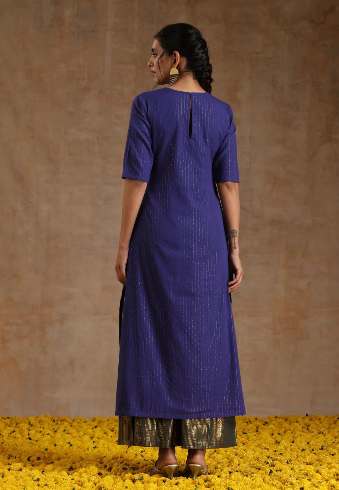 BLUE GOLD COTTON HIGH SLIT KURTA SET
