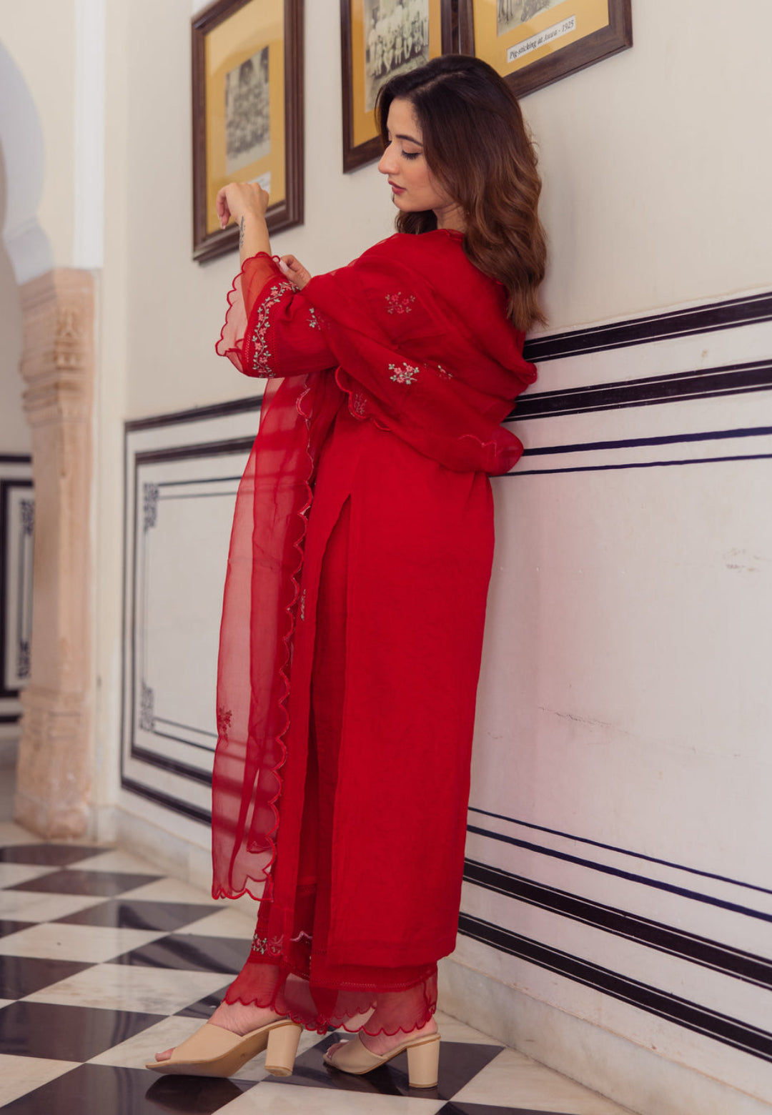 RADHIKA RED EMBROIDERED CHANDERI SUIT SET