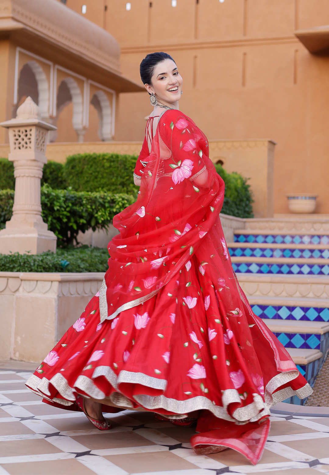 RED MAALINI HANDPAINTED CHANDERI LEHENGA SET