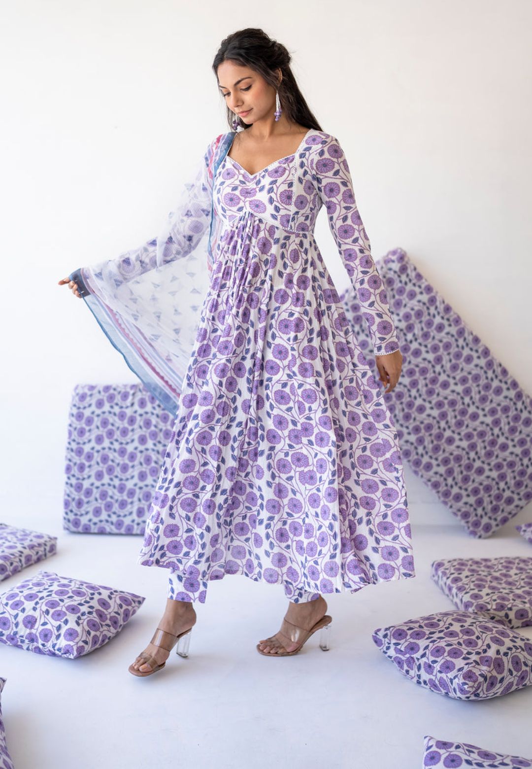 PURPLE WHITE COTTON ANARKALI SUIT SET