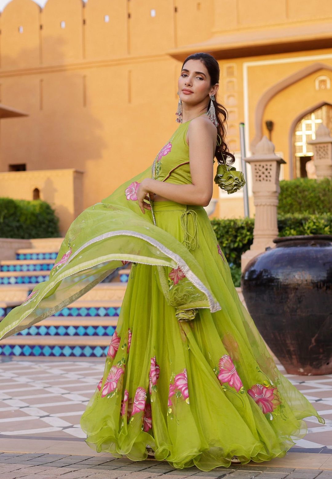 GREEN JUHI HANDPAINTED ORGANZA LEHENGA SET