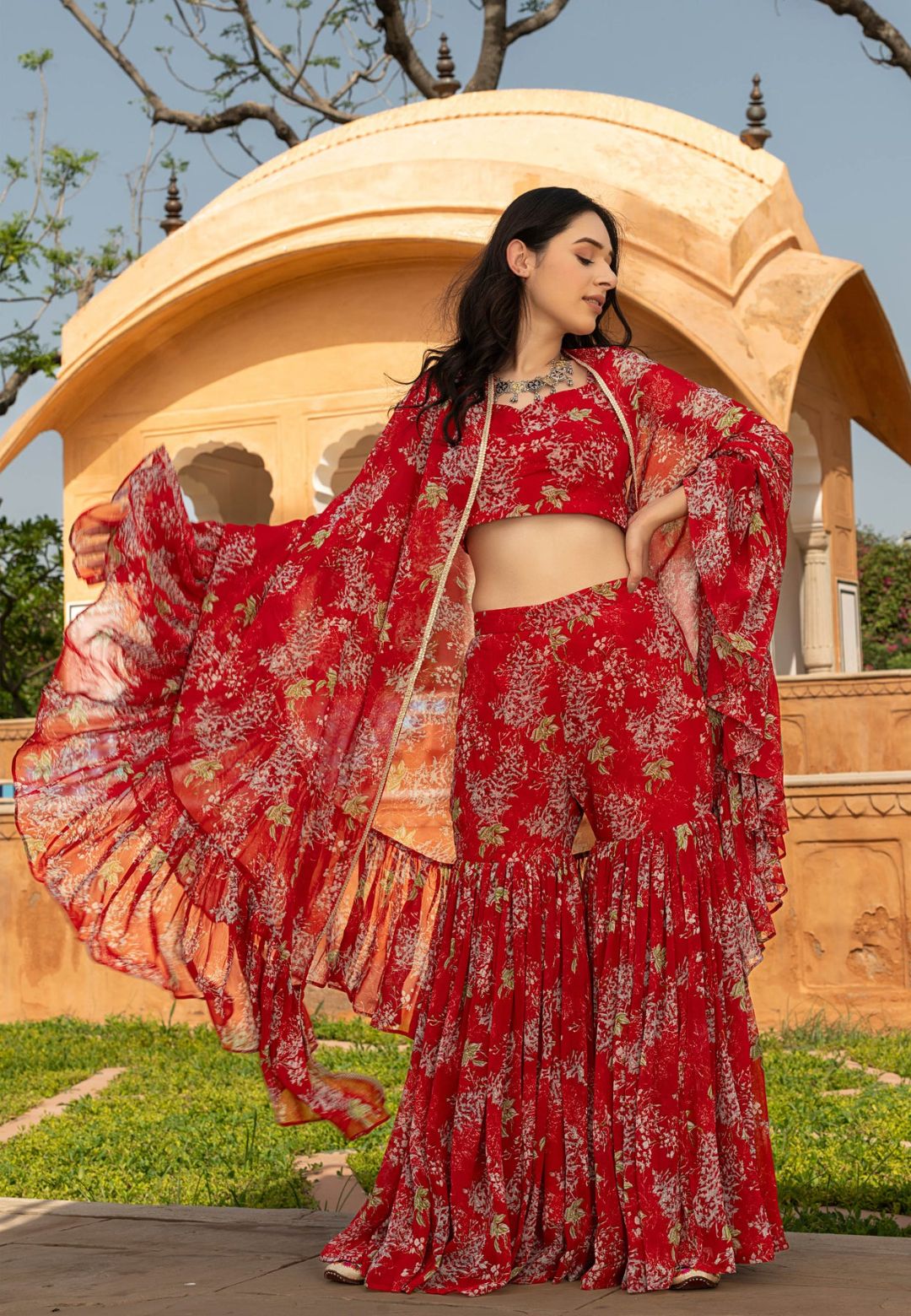 DEEP RED OVIYA GEORGETTE CAPE SHARARA SET