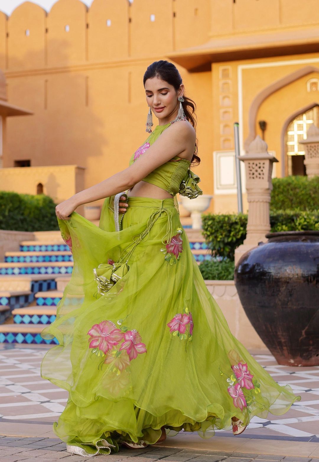 GREEN JUHI HANDPAINTED ORGANZA LEHENGA SET