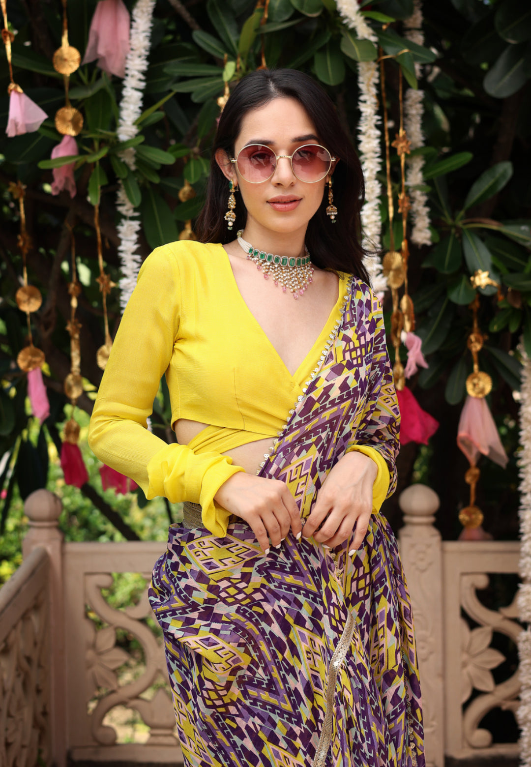 YELLOW PURPLE CHINON PRE DRAPED SAREE