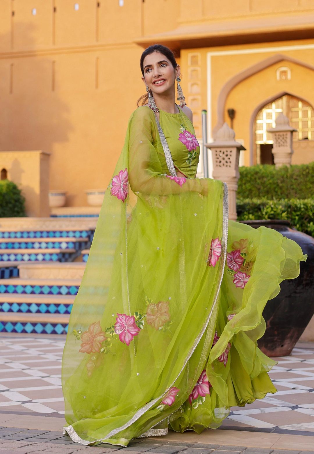 GREEN JUHI HANDPAINTED ORGANZA LEHENGA SET