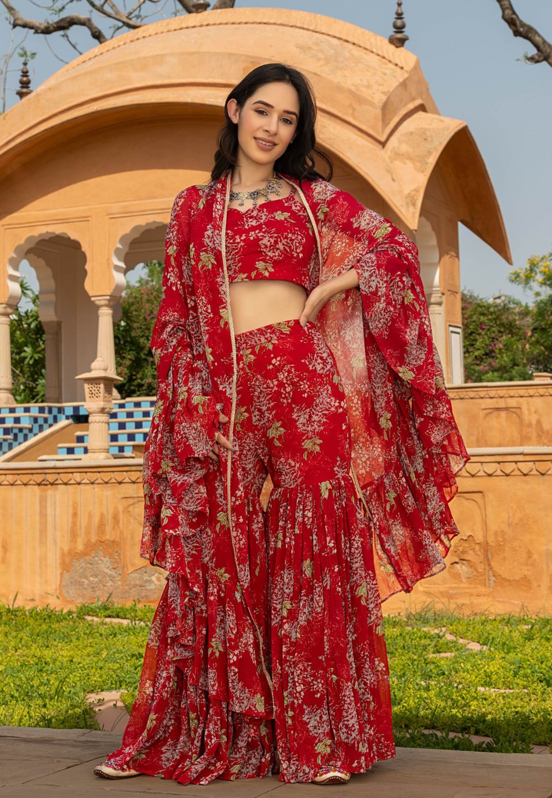 DEEP RED OVIYA GEORGETTE CAPE SHARARA SET