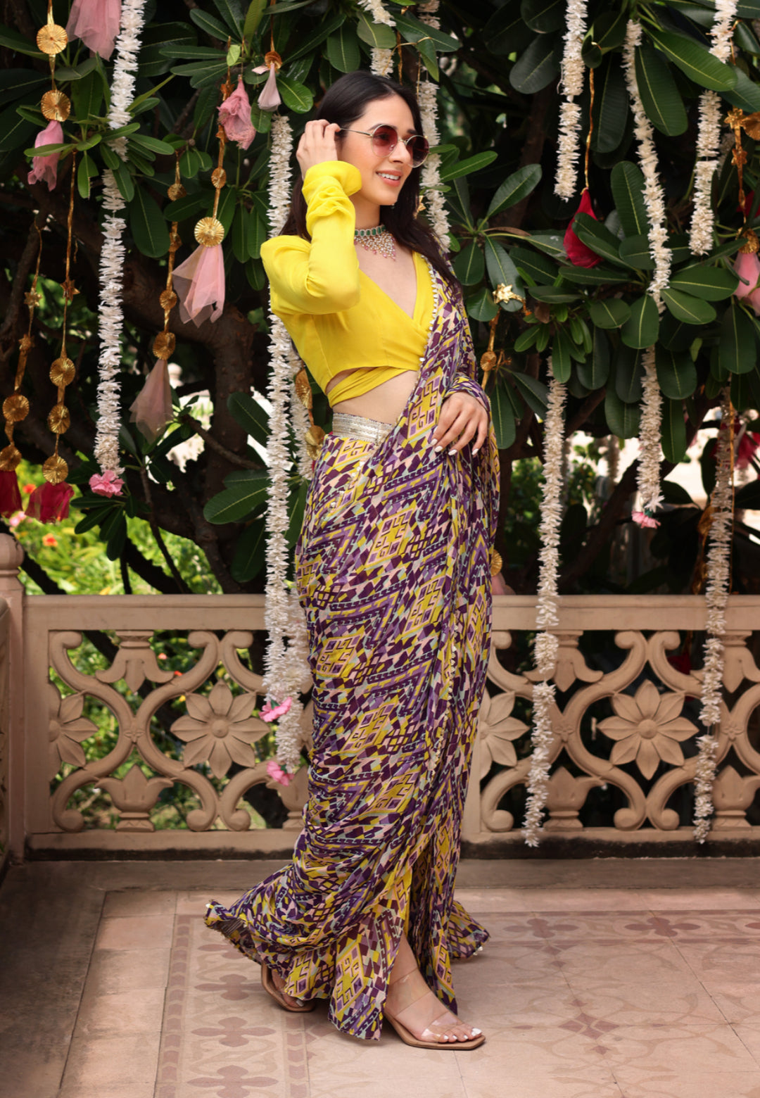 YELLOW PURPLE CHINON PRE DRAPED SAREE