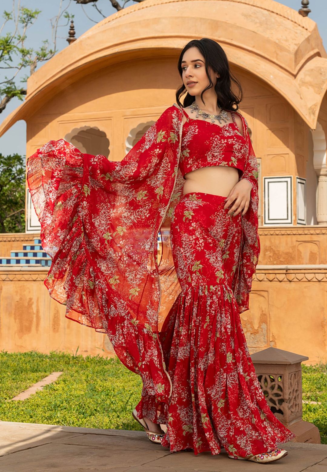 DEEP RED OVIYA GEORGETTE CAPE SHARARA SET