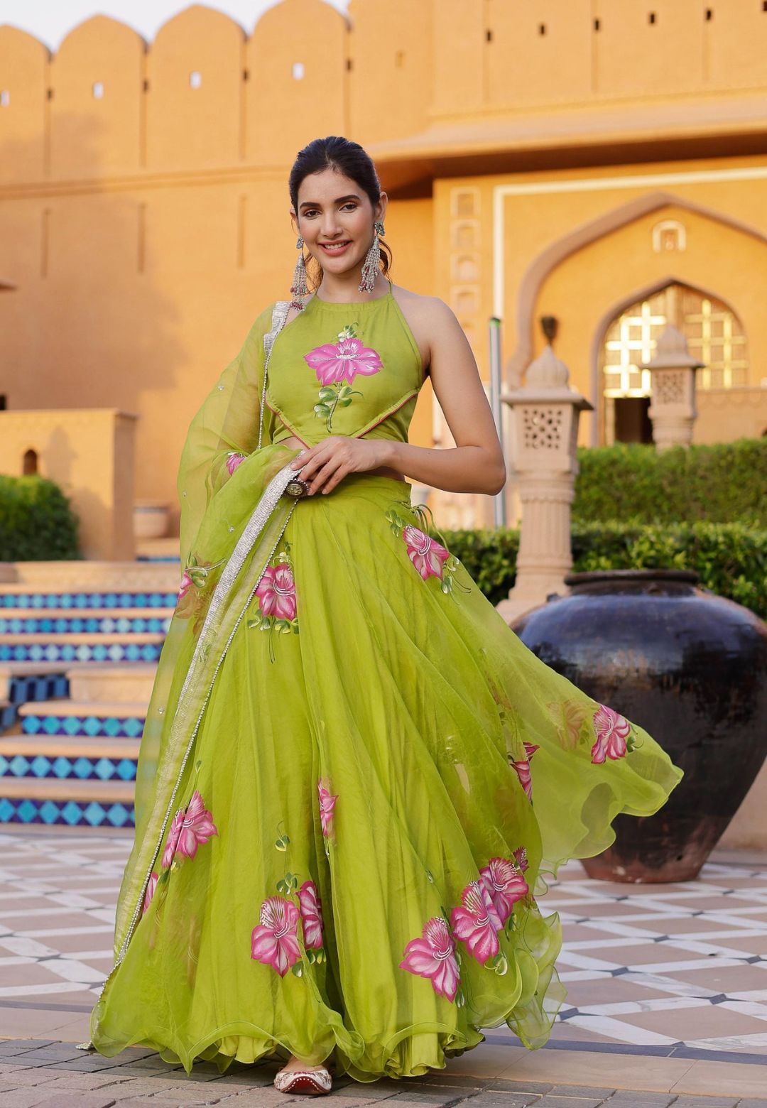 GREEN JUHI HANDPAINTED ORGANZA LEHENGA SET