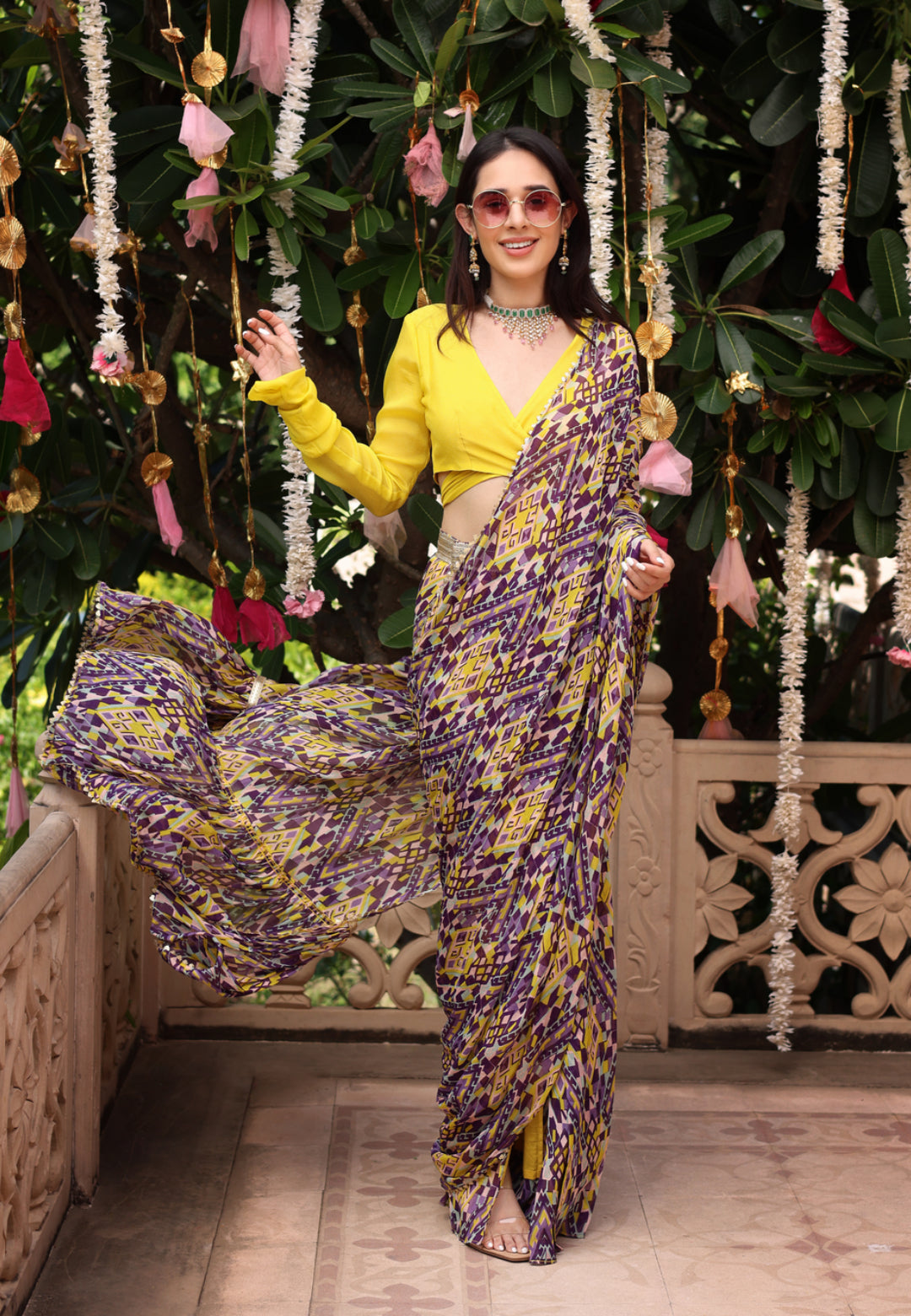 YELLOW PURPLE CHINON PRE DRAPED SAREE
