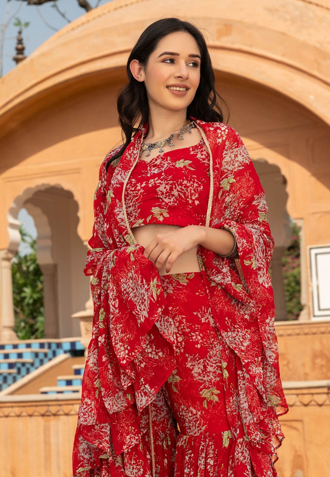 DEEP RED OVIYA GEORGETTE CAPE SHARARA SET
