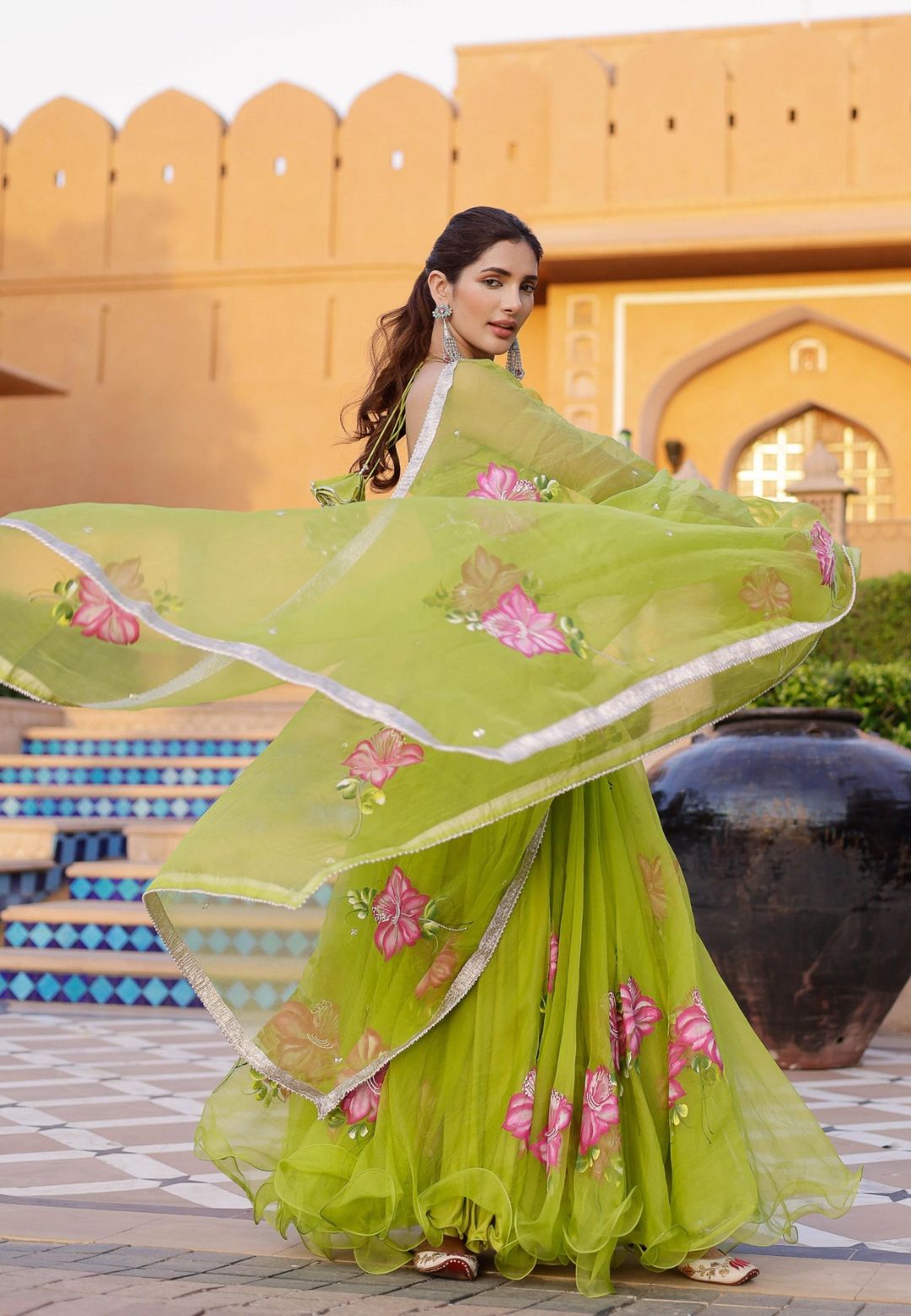 GREEN JUHI HANDPAINTED ORGANZA LEHENGA SET