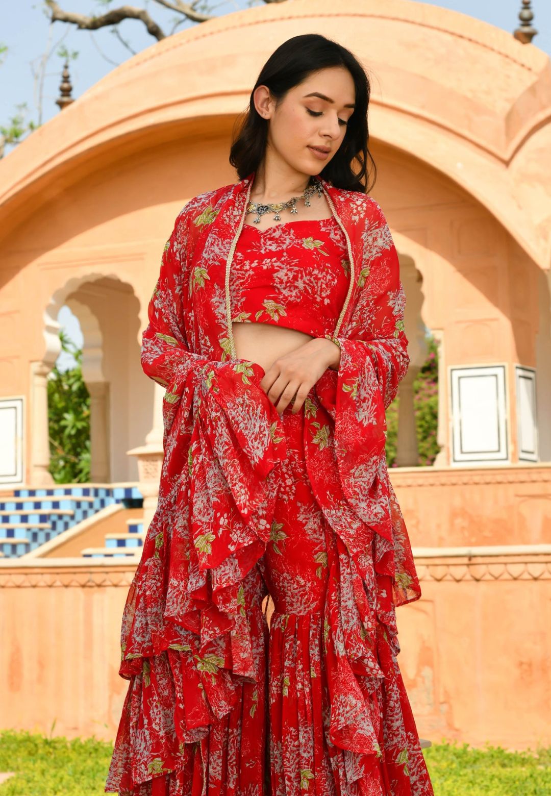DEEP RED OVIYA GEORGETTE CAPE SHARARA SET