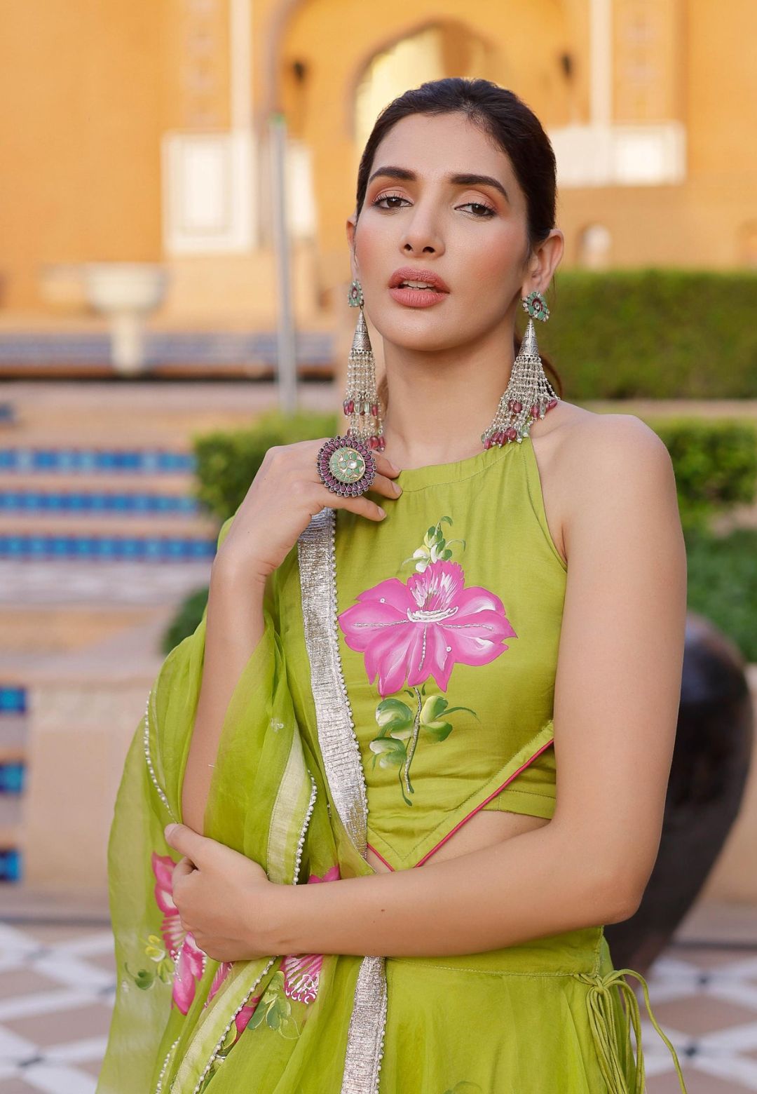 GREEN JUHI HANDPAINTED ORGANZA LEHENGA SET
