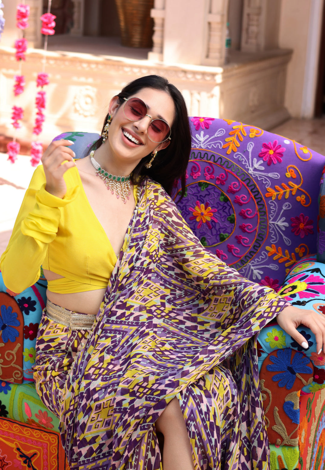 YELLOW PURPLE CHINON PRE DRAPED SAREE