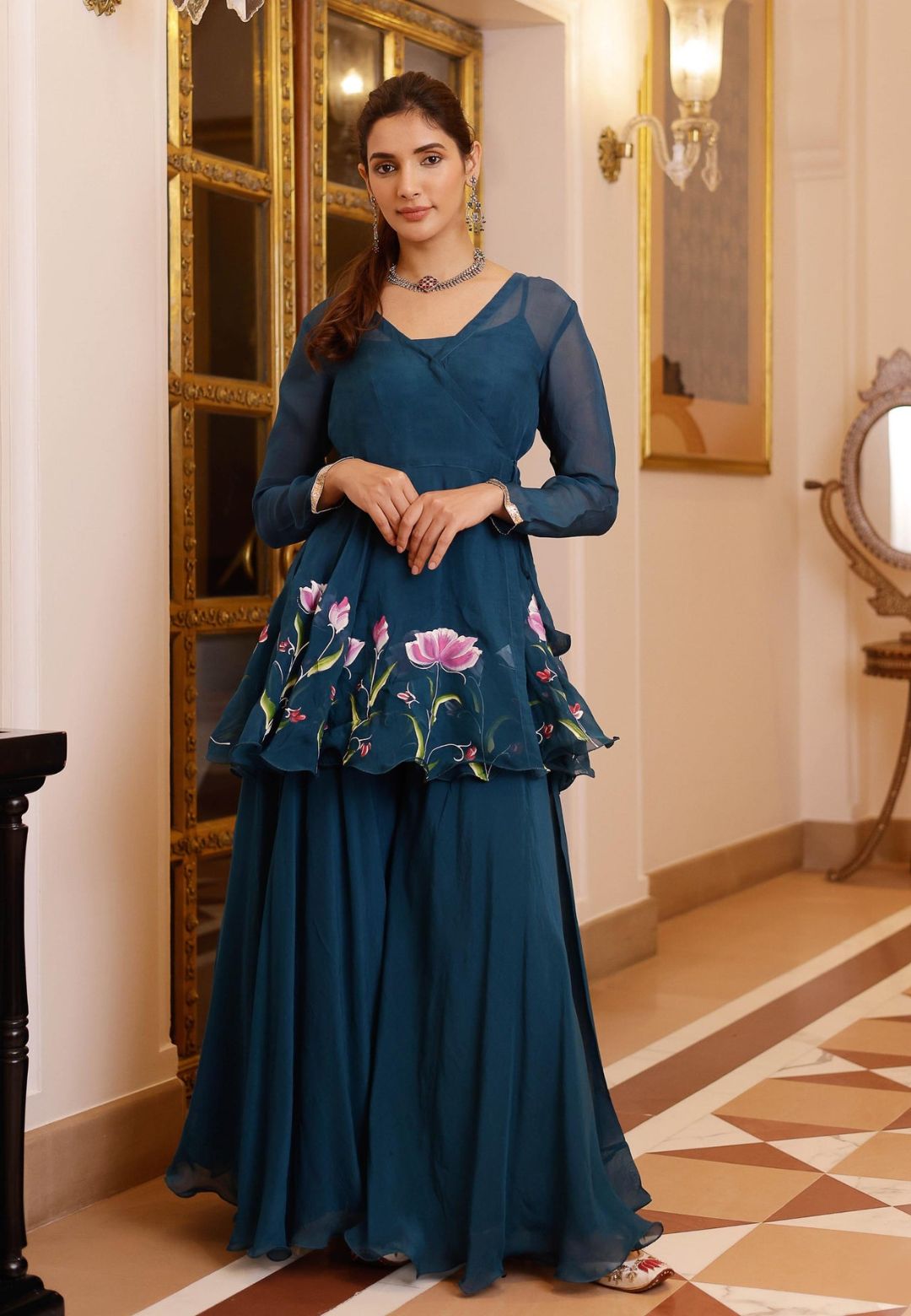 BLUE KAASNI HANDPAINTED ORGANZA SHARARA SET