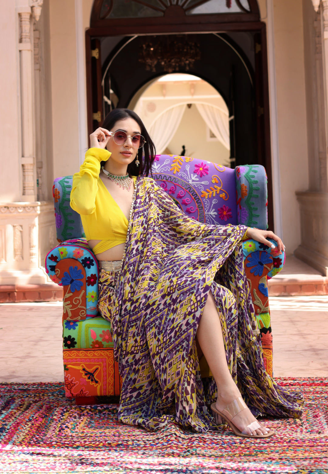 YELLOW PURPLE CHINON PRE DRAPED SAREE