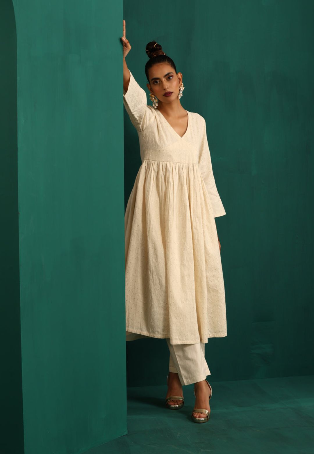 IVORY COTTON FLARED ANARKALI KURTA SET
