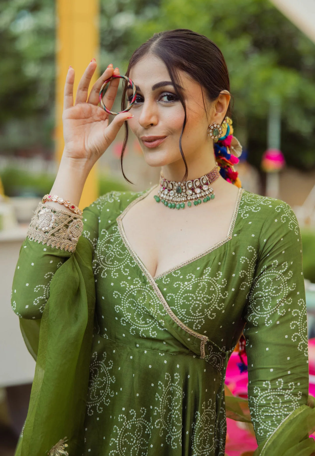 GREEN KATHA BANDHANI CHANDERI SUIT SET