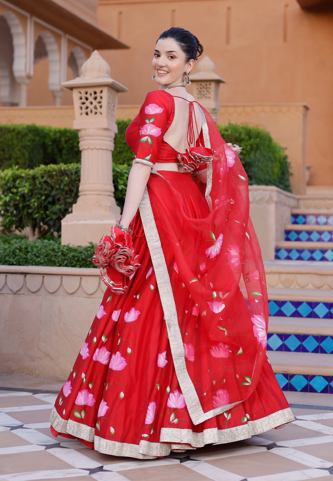 RED MAALINI HANDPAINTED CHANDERI LEHENGA SET