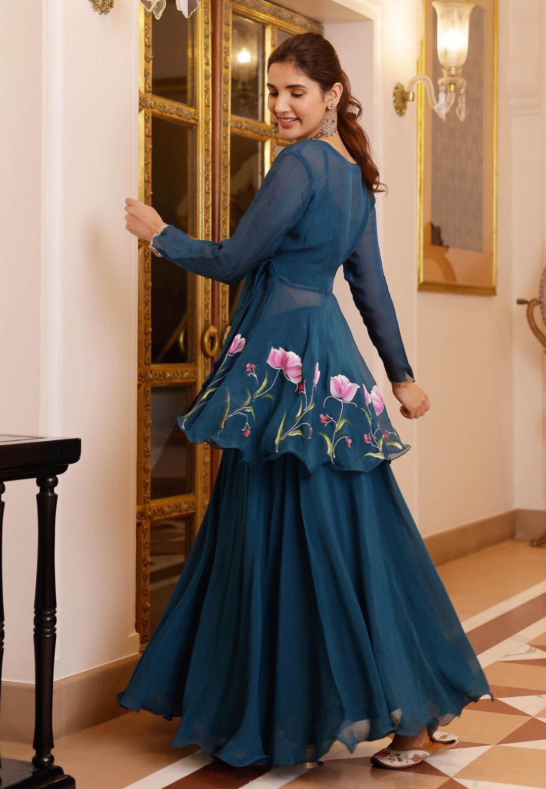 BLUE KAASNI HANDPAINTED ORGANZA SHARARA SET