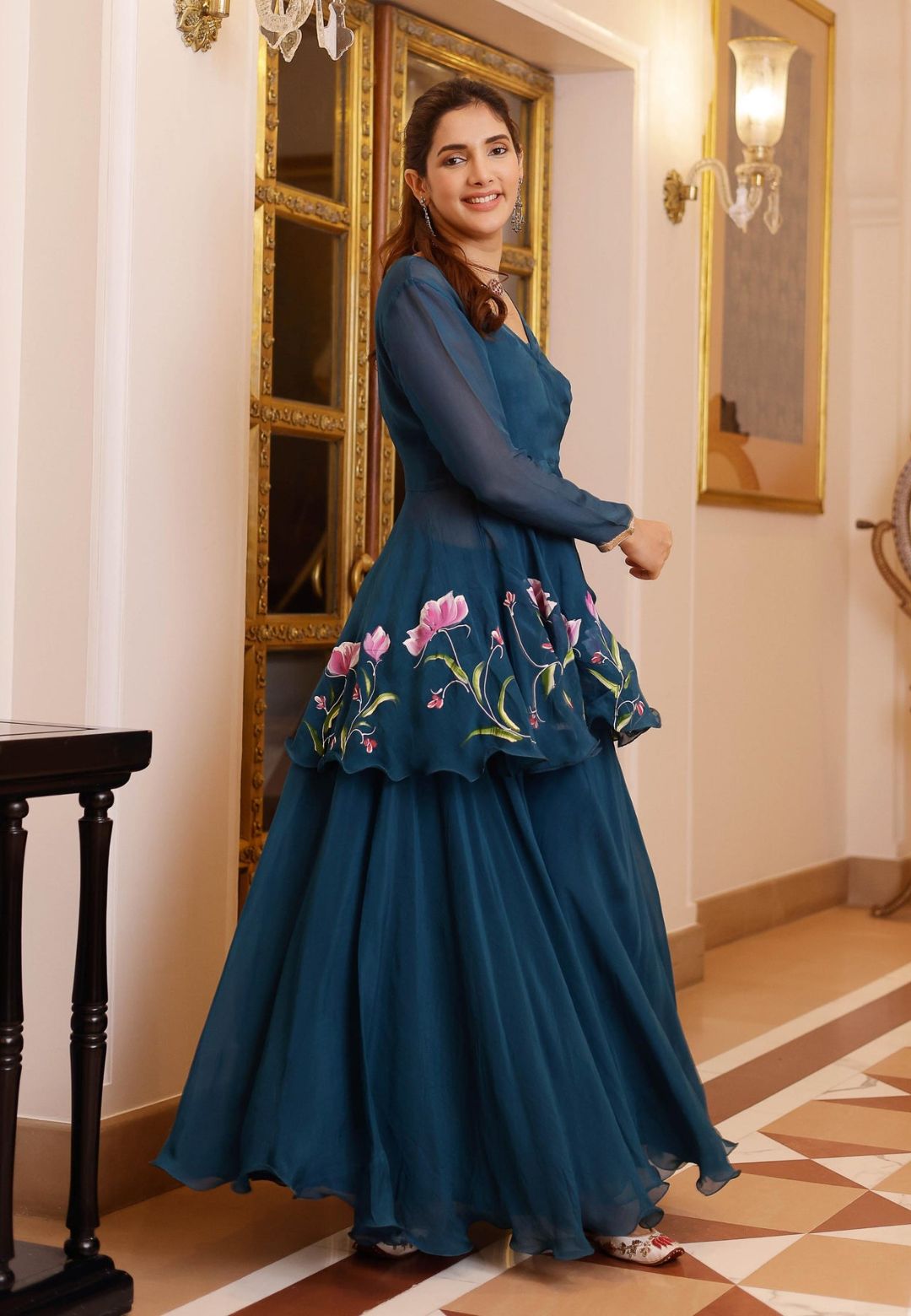 BLUE KAASNI HANDPAINTED ORGANZA SHARARA SET