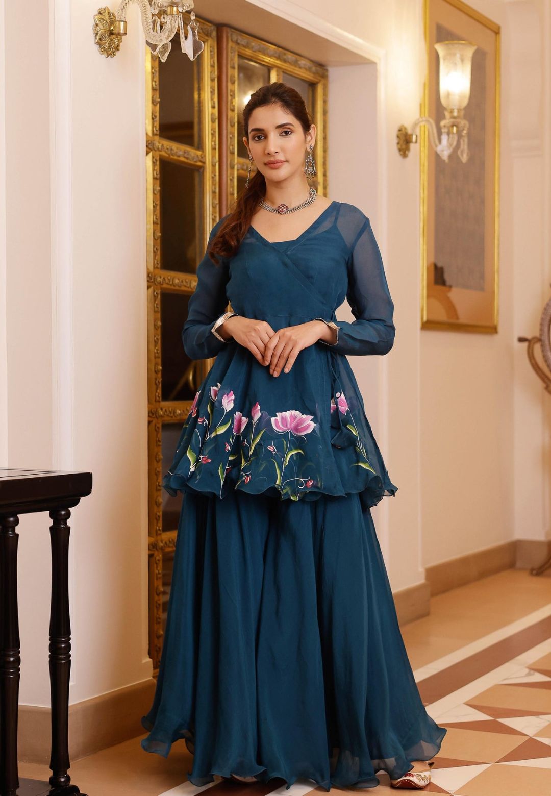 BLUE KAASNI HANDPAINTED ORGANZA SHARARA SET
