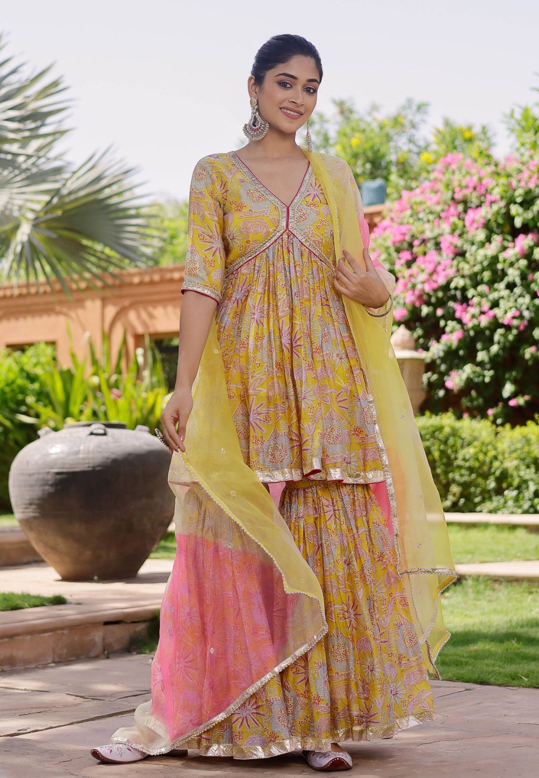 YELLOW MOHINI CHANDERI SHARARA SET