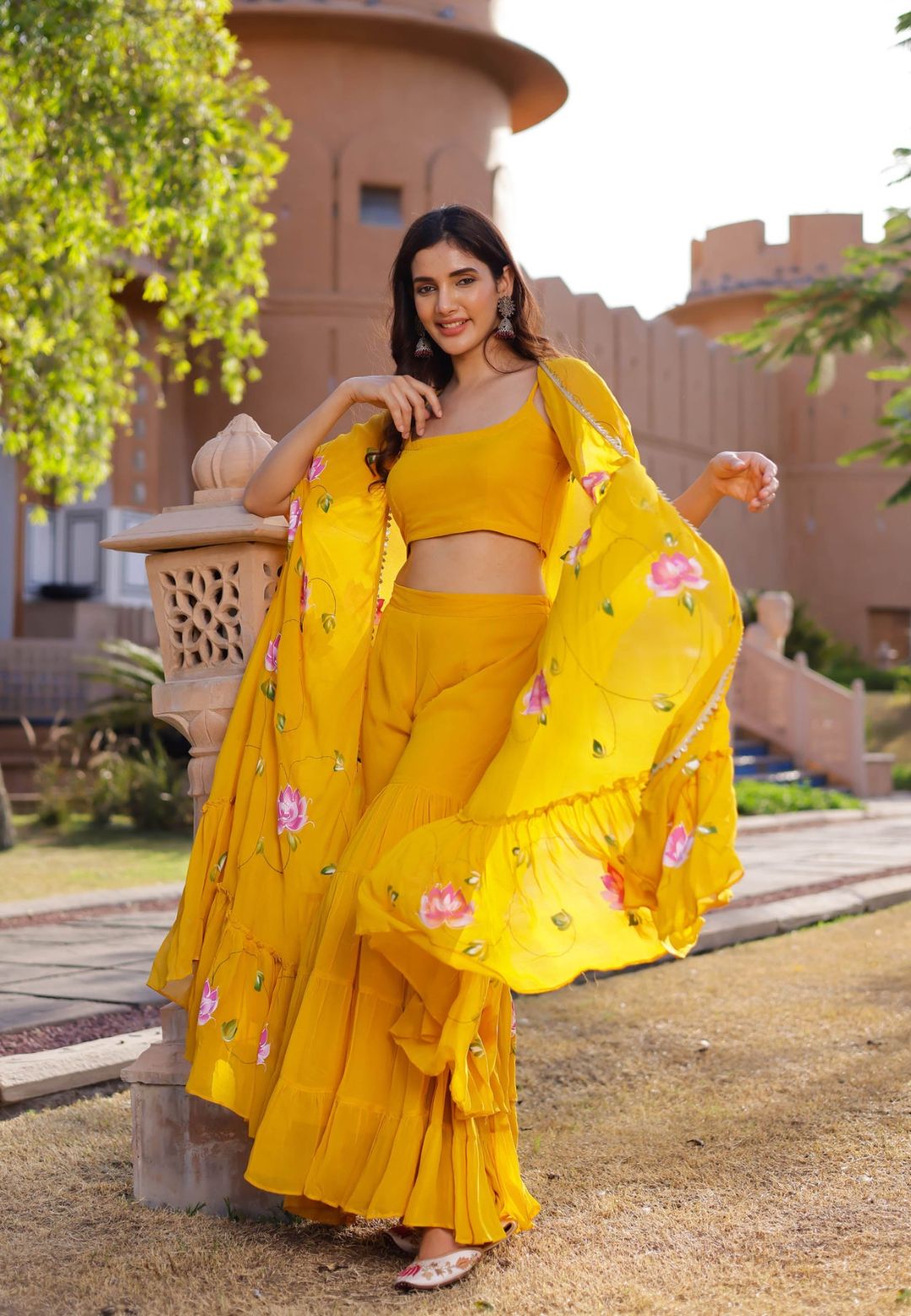 YELLOW KAMLIKA HANDPAINTED GEORGETTE CAPE SHARARA SET