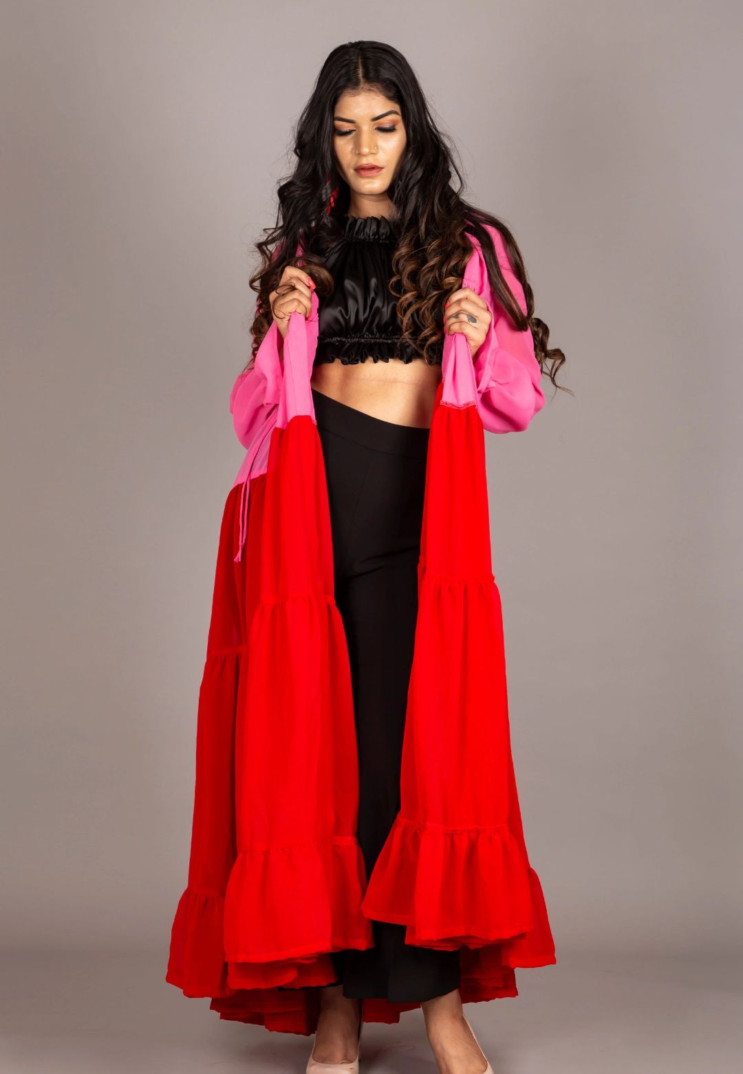 PINK RED TIERED SHRUG