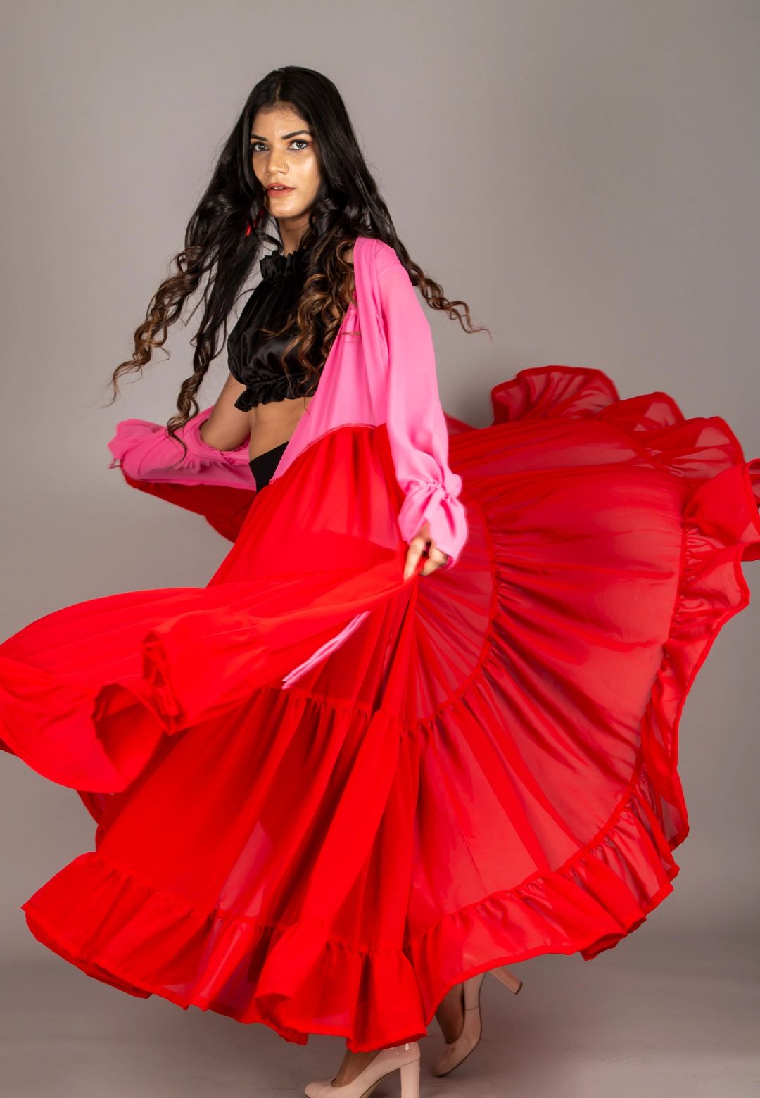 PINK RED TIERED SHRUG