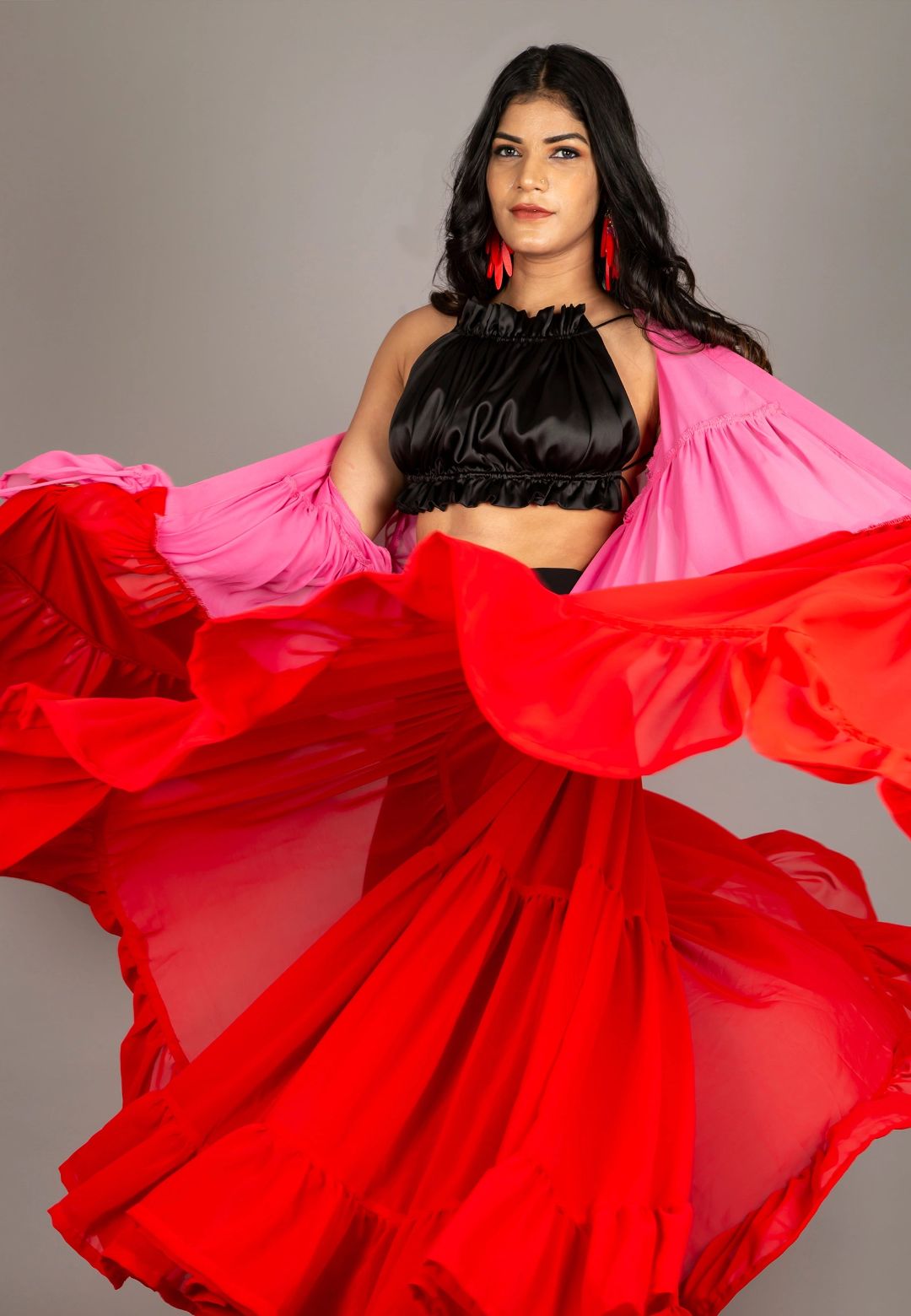 PINK RED TIERED SHRUG
