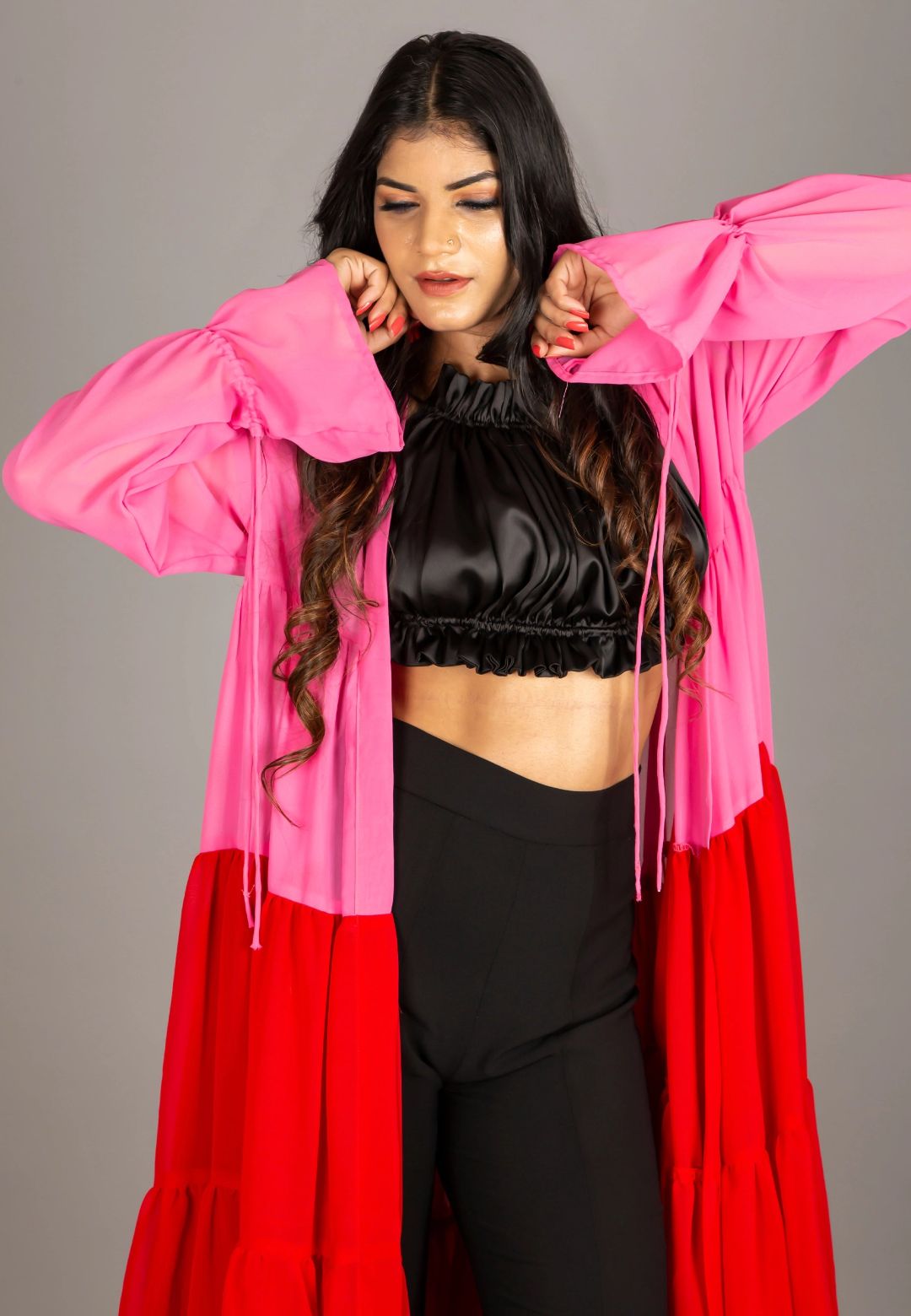 PINK RED TIERED SHRUG