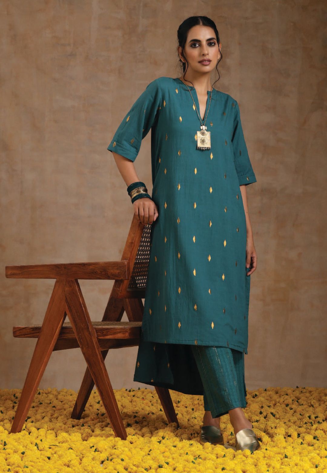 DEEP SEA GOLD COTTON RELAXED KURTA SET
