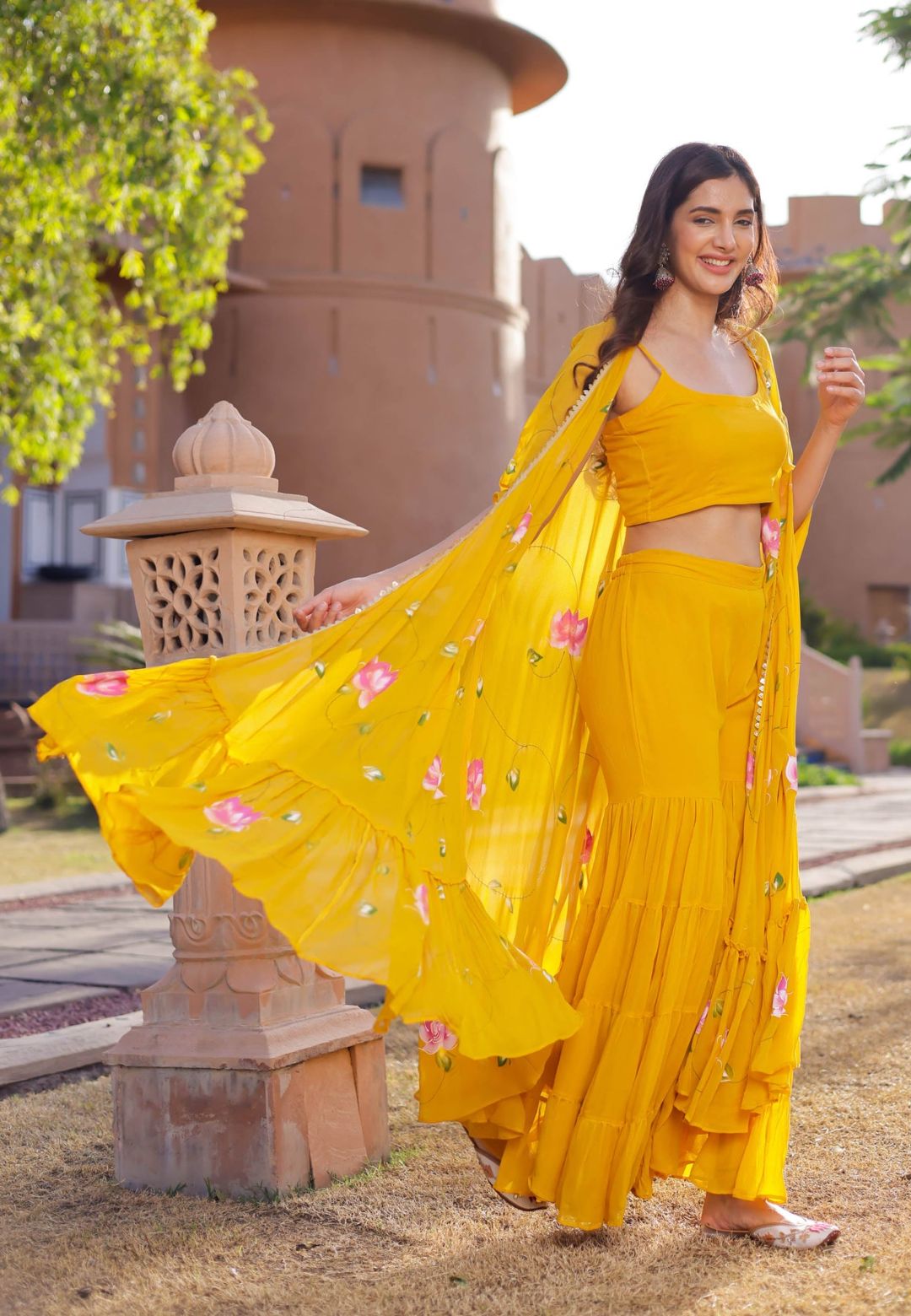 YELLOW KAMLIKA HANDPAINTED GEORGETTE CAPE SHARARA SET
