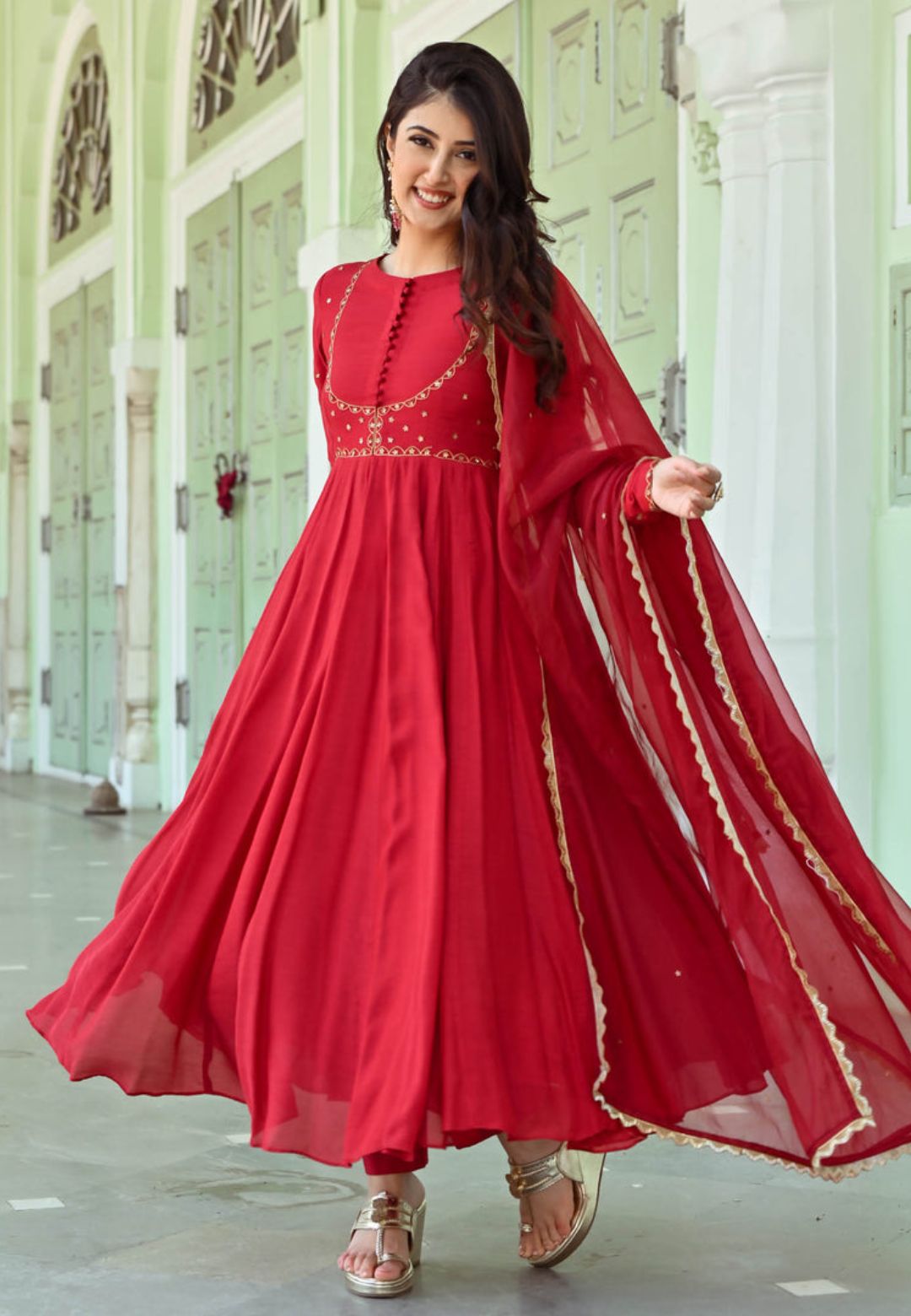 RESHAM RED COTTON SILK SUIT SET