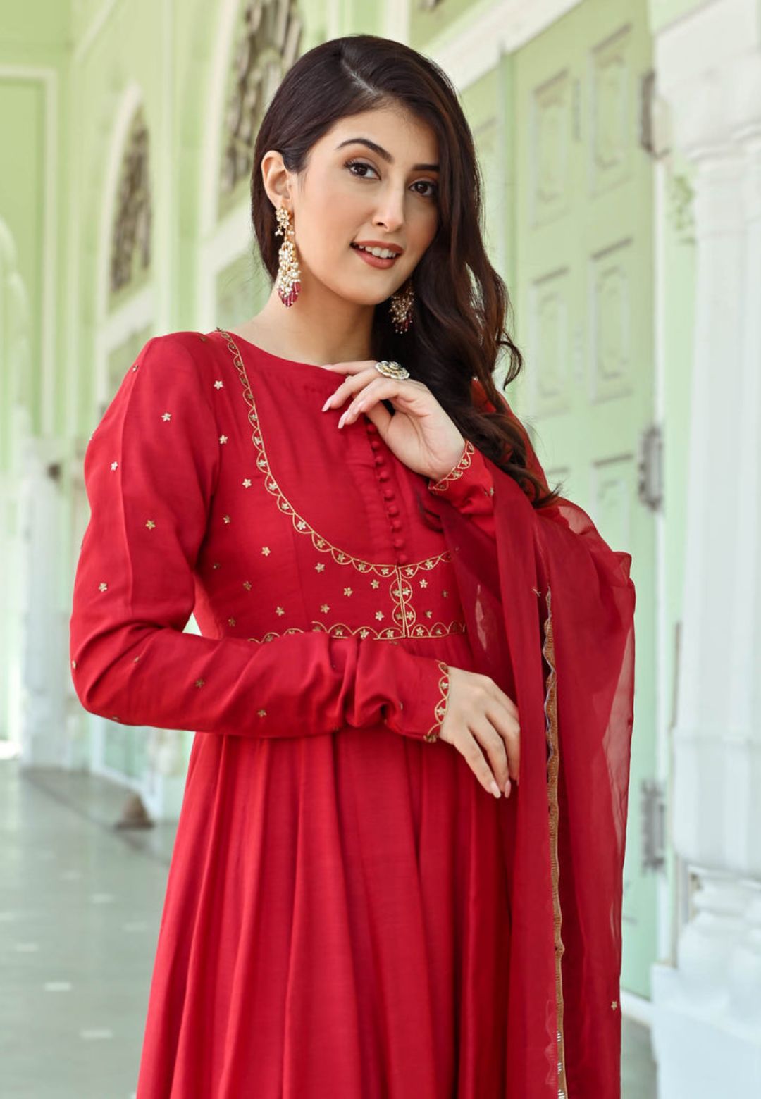 RESHAM RED COTTON SILK SUIT SET