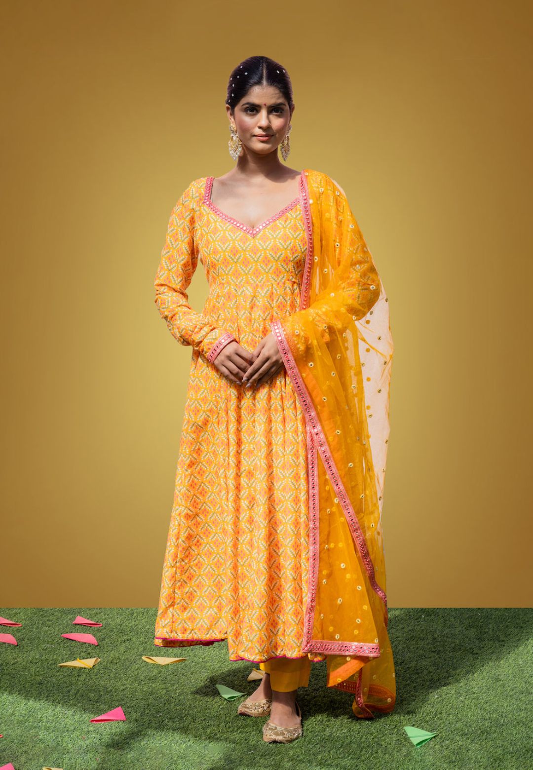 YELLOW MEFIL ANARKALI COTTON SILKSUIT SET