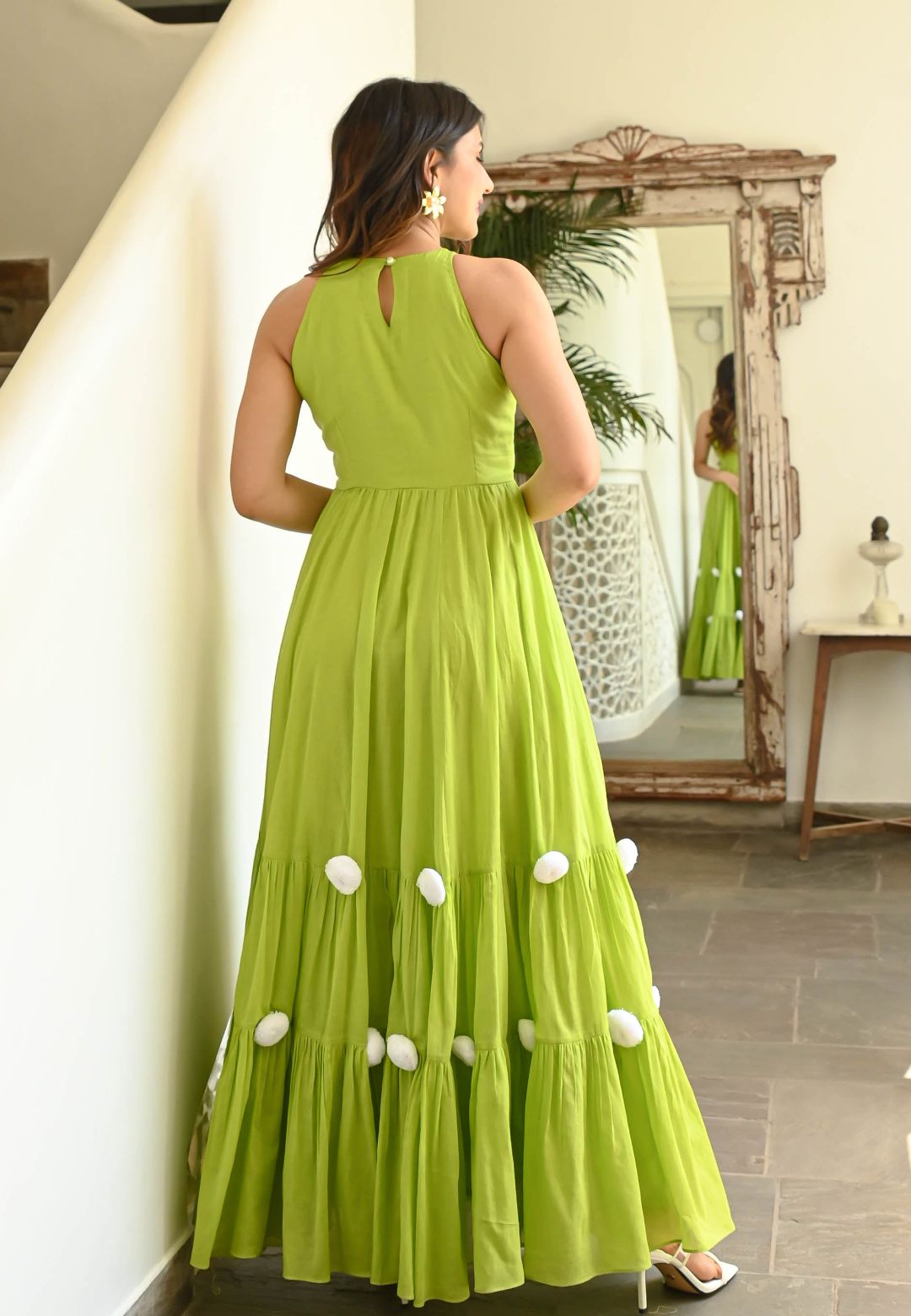 POMPOM GREEN COTTON ANARKALI DRESS