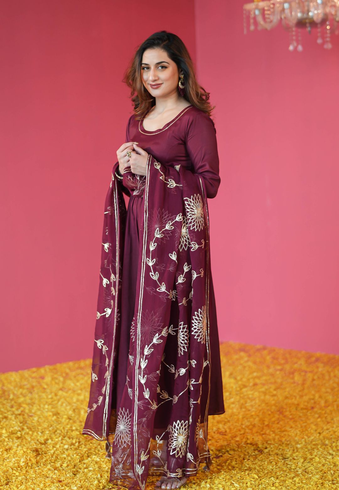 WINE PURPLE MUSLIN COTTON ANARKALI SUIT SET