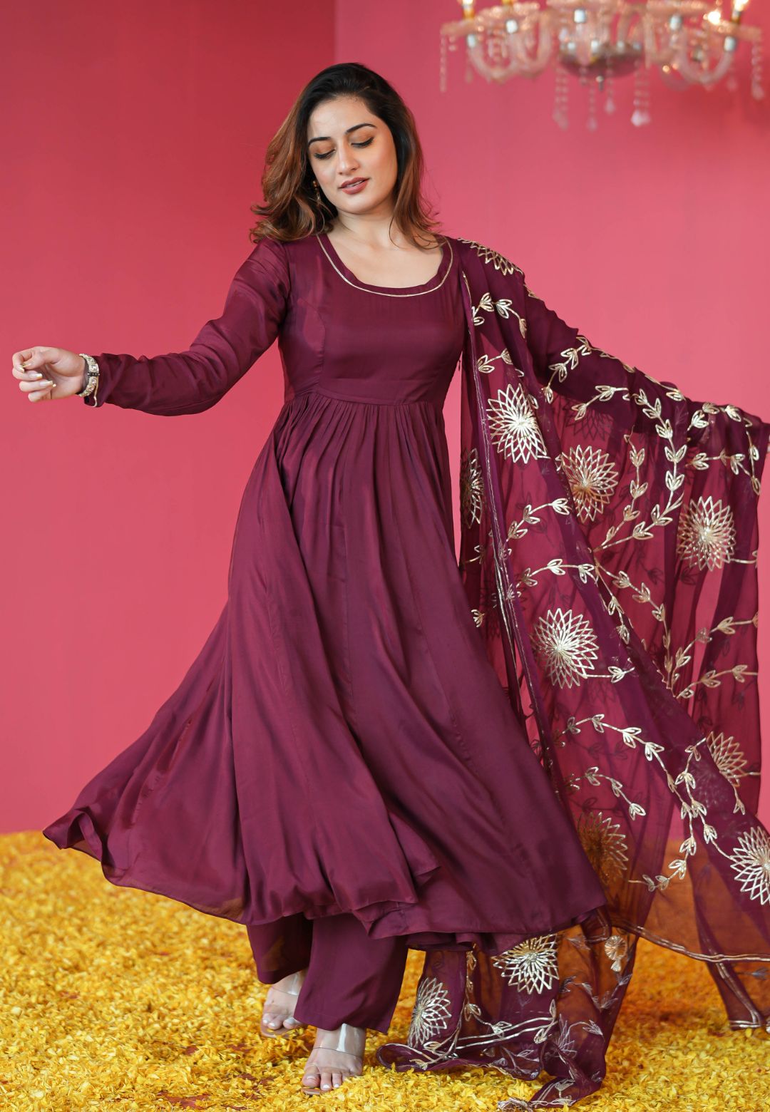 WINE PURPLE MUSLIN COTTON ANARKALI SUIT SET