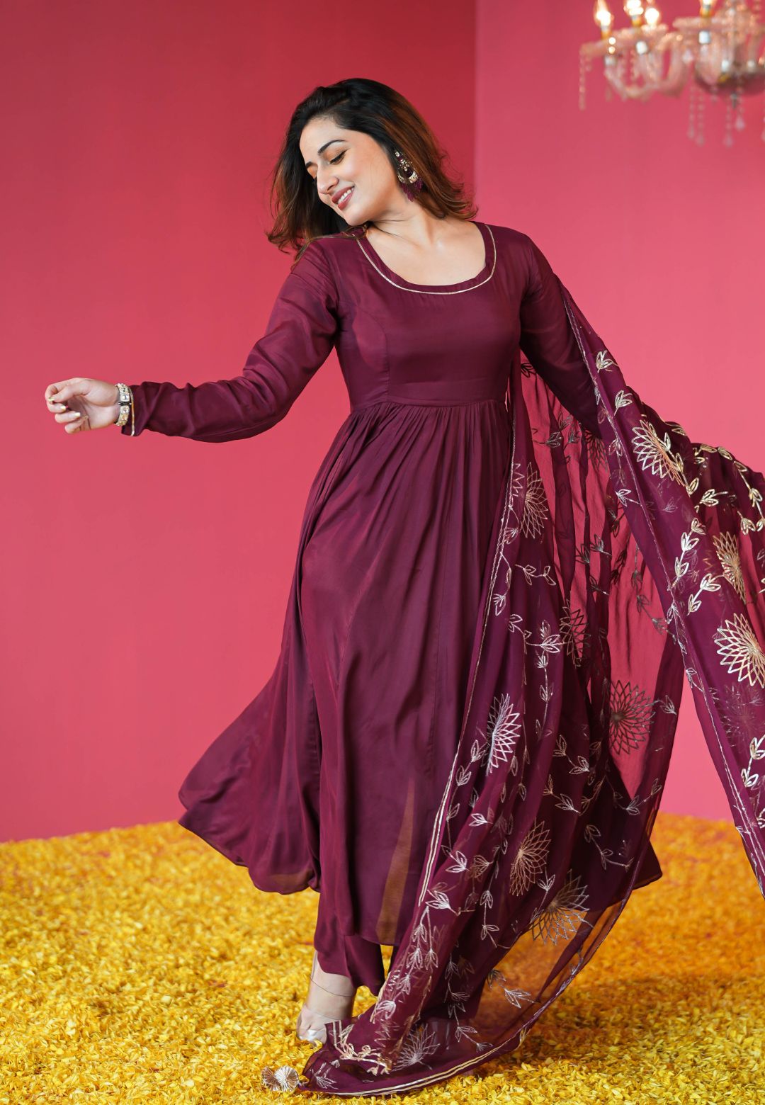 WINE PURPLE MUSLIN COTTON ANARKALI SUIT SET
