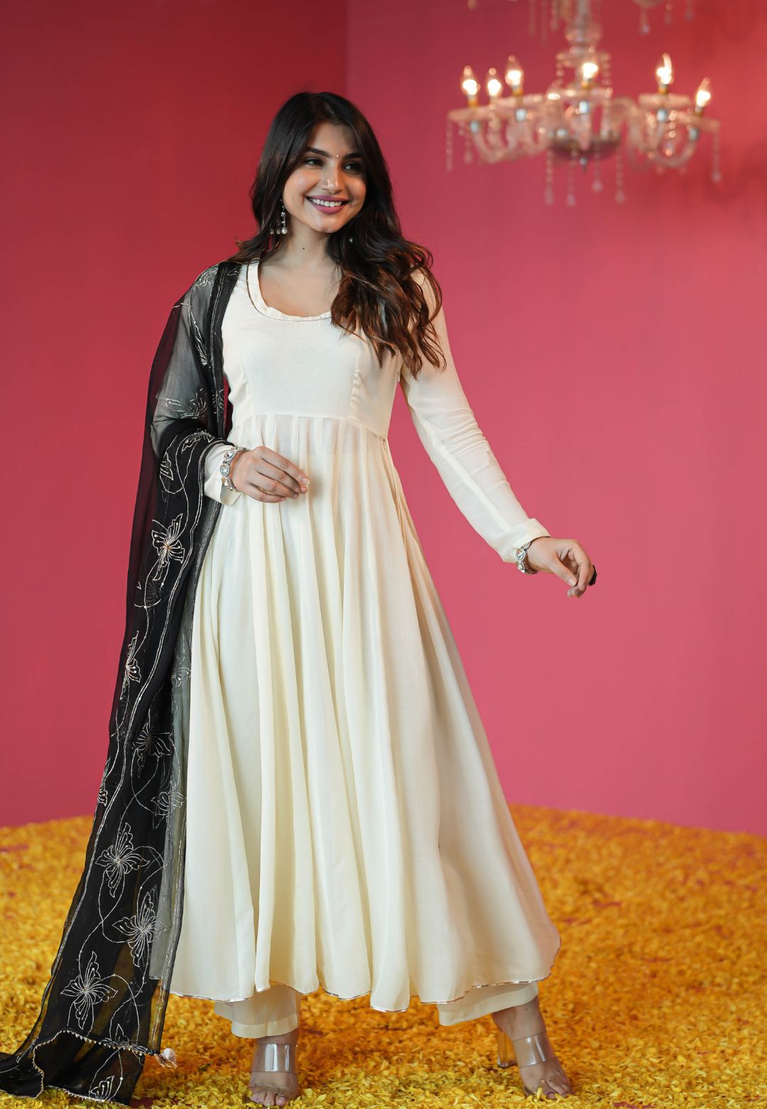 CREAM WHITE MUSLIN ANARKALI SUIT SET