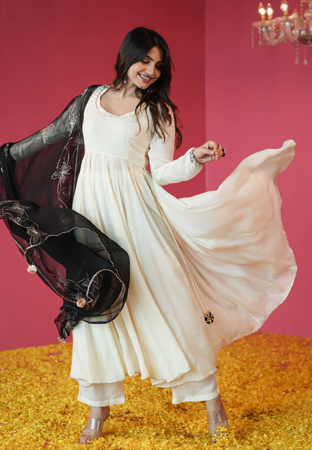 CREAM WHITE MUSLIN ANARKALI SUIT SET