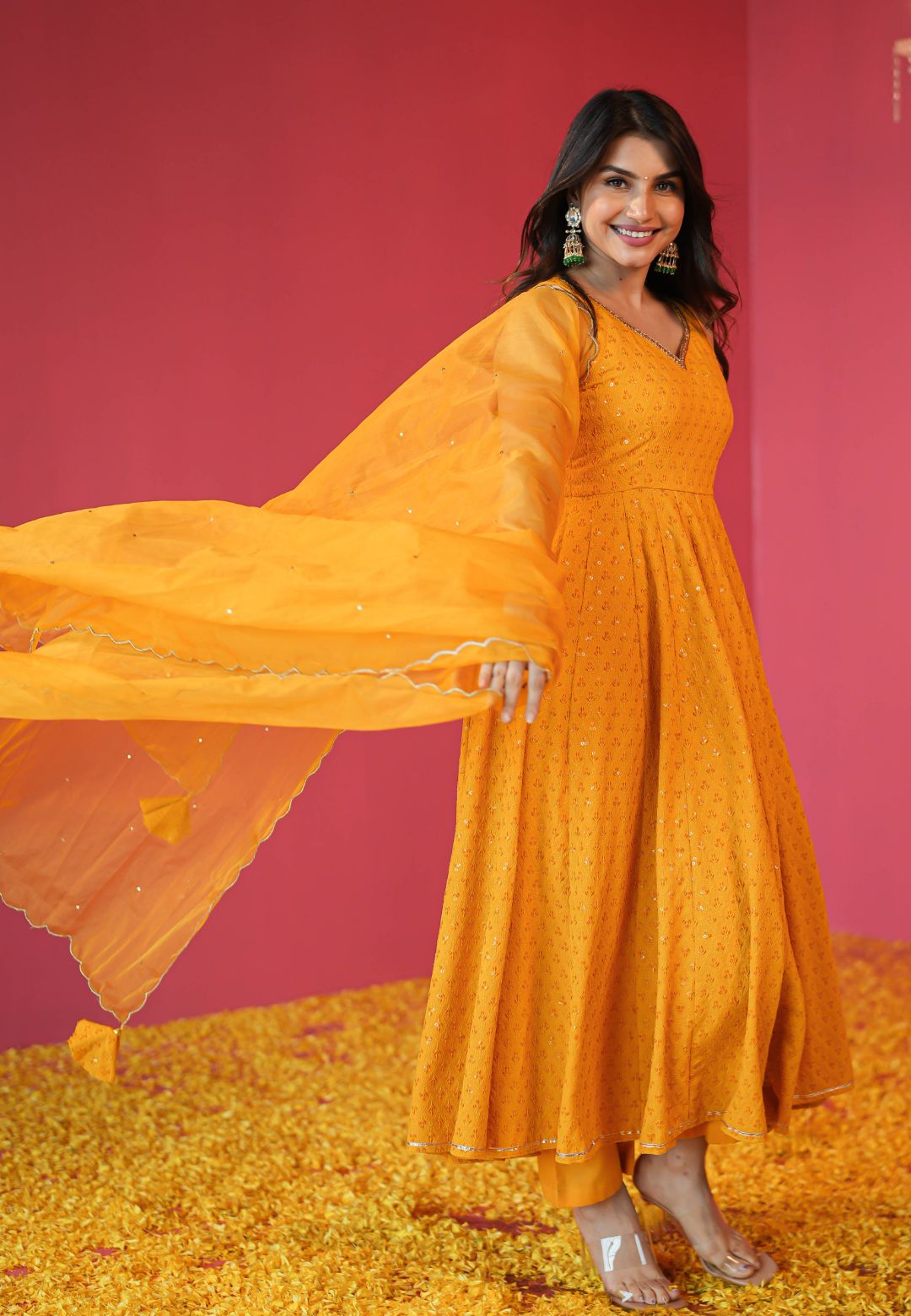 YELLOW CHIKANKARI COTTON ANARKALI SUIT SET