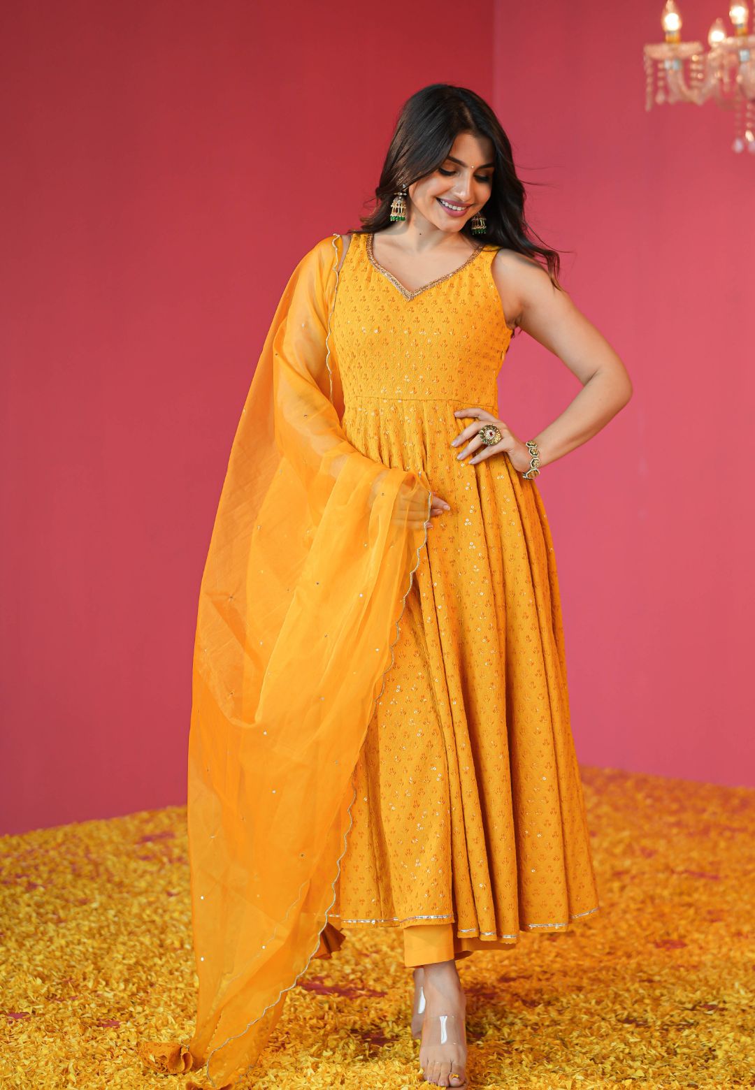 YELLOW CHIKANKARI COTTON ANARKALI SUIT SET