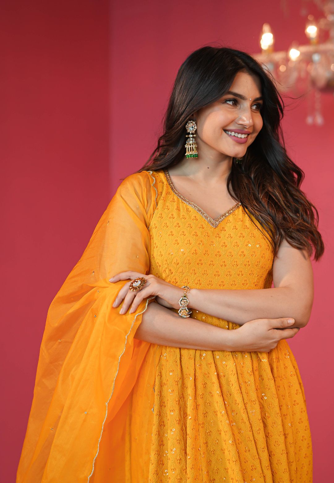 YELLOW CHIKANKARI COTTON ANARKALI SUIT SET