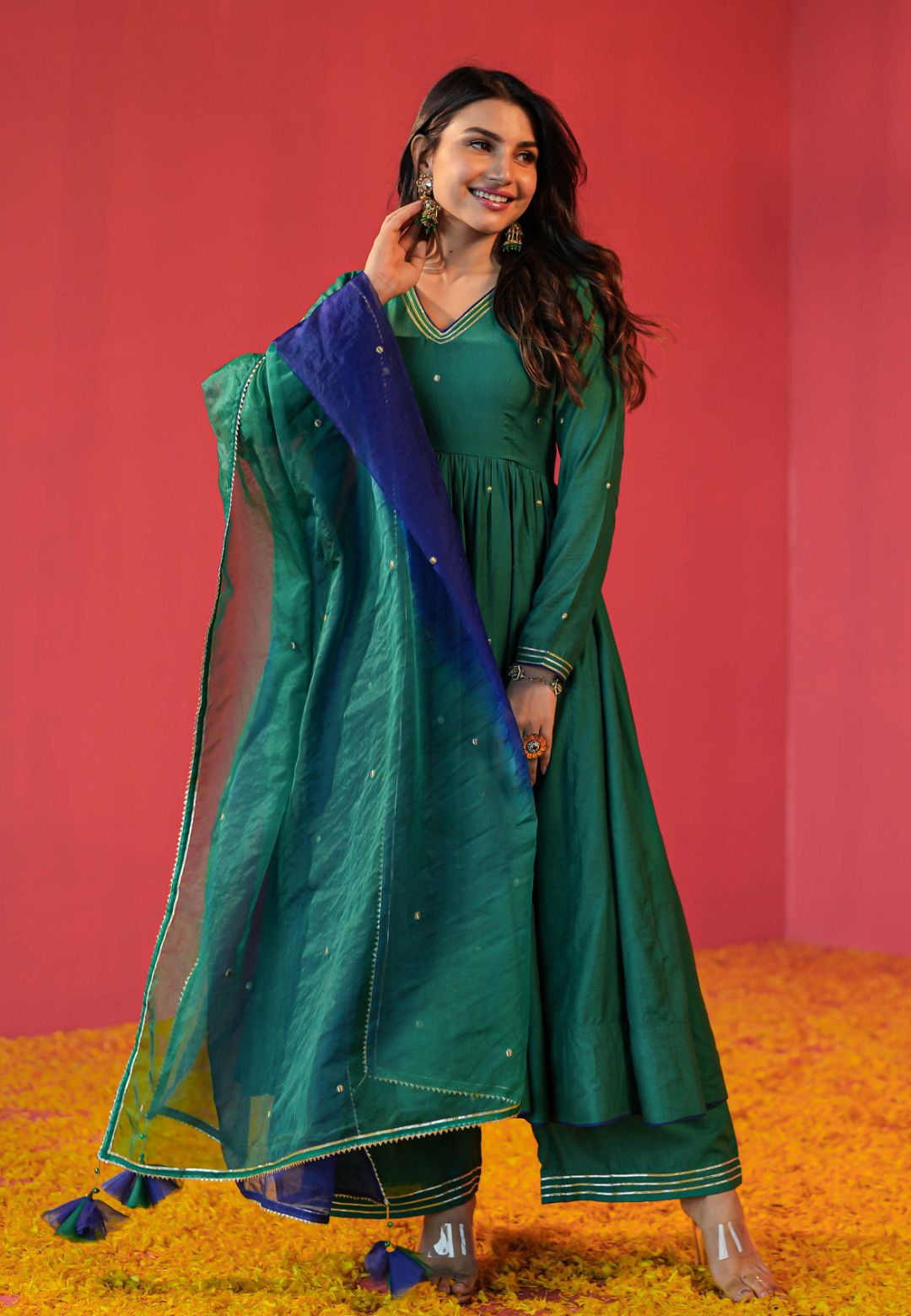 GREEN CHANDERI SUIT WITH ORGANZA DUPATTA